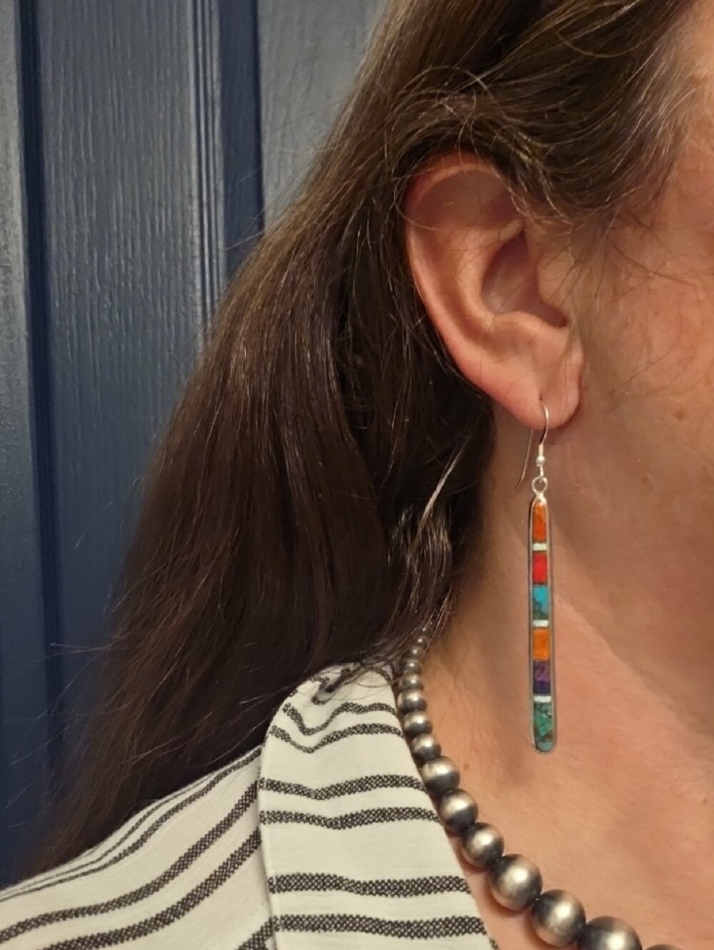 925 Silver Multi-Color Inlay Bar Drop Earrings - Women Jewelry - Picture 5 of 6
